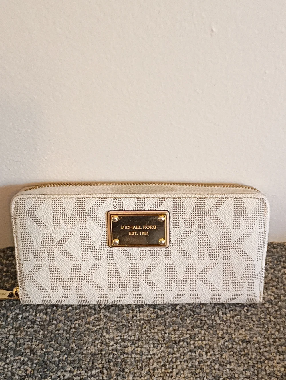Michael Kors Cream and Tan Monogram Zip Wallet